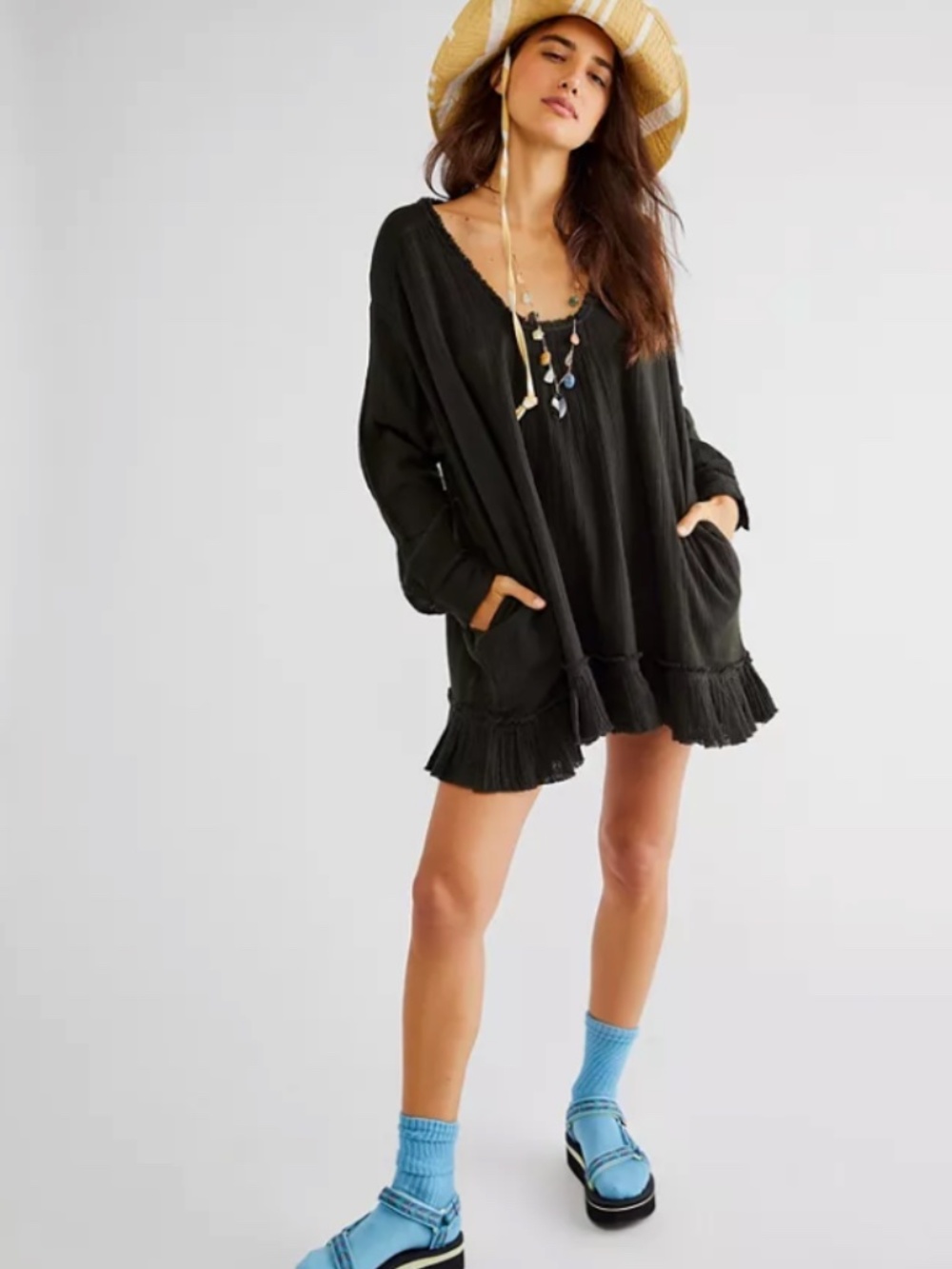 Free People Bring It On Tunic XS Ponytail Brown Cotton Gauze Boho Ruffle